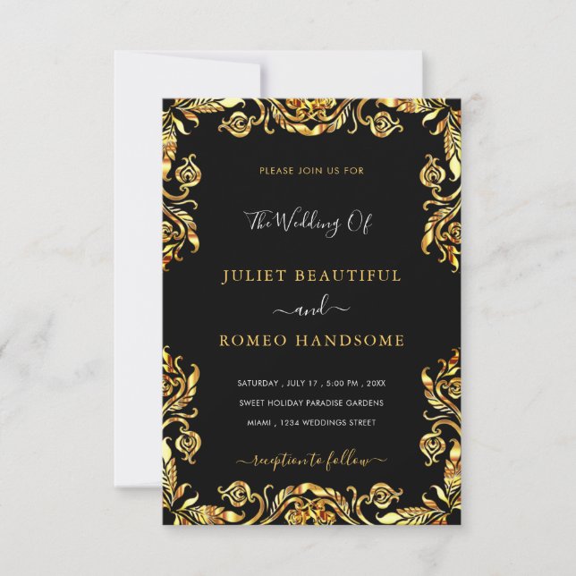 Black Gold Faire-part de mariage Golden Floral enc (Devant)