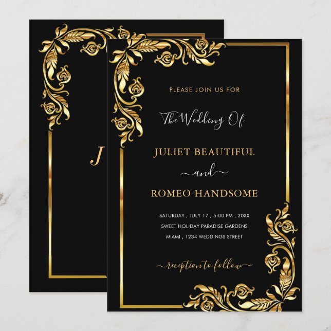 Black Gold Faire-part de mariage Golden Floral enc (Devant / Derrière)
