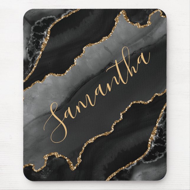 Black & Gold Falsch Glitter Agate Mousepad (Vorne)