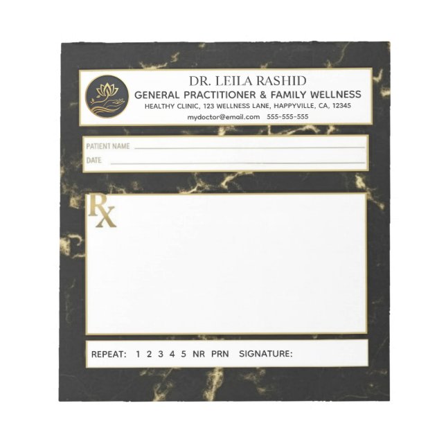 Black & Gold Faux Marble Doctor Prescription Notizblock (Vorderseite)