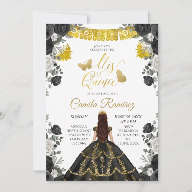 Black & Gold Fiesta Butterfly Mis XV Anos Einladung (Vorderseite)