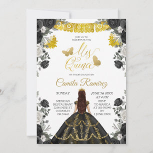 Black & Gold Fiesta Butterfly Mis XV Anos Einladung