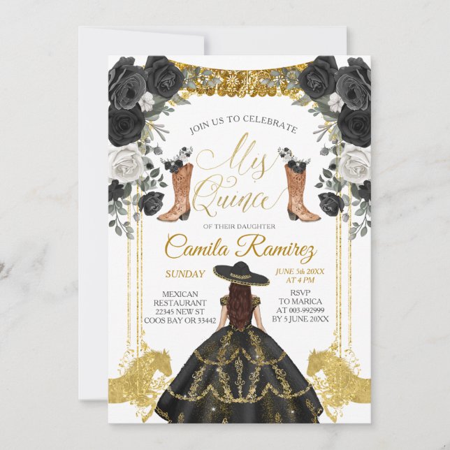 Black & Gold Fiesta Butterfly Mis XV Anos Invitati Einladung (Vorderseite)