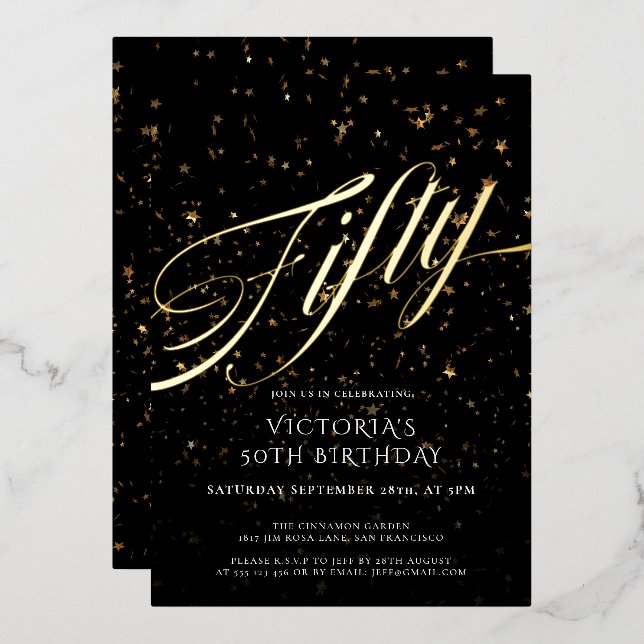 Black Gold Fifty Elegant Confetti 50. Geburtstag Folieneinladung (Vorderseite/Rückseite)