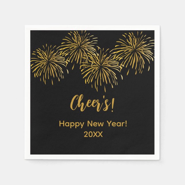 Black Gold Fireworks Frohes Neues Jahr Party Serviette (Vorderseite)