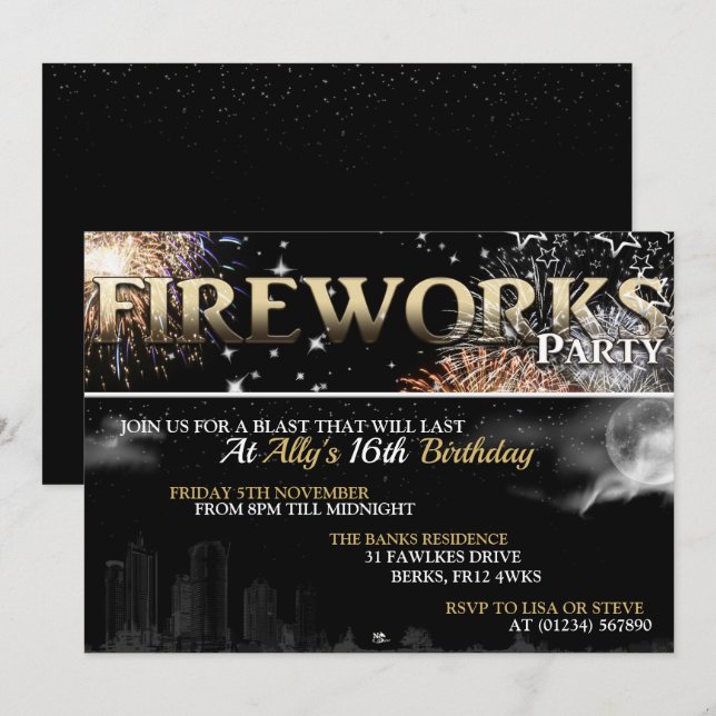 Black & Gold Fireworks-Party Einladungen (Vorne/Hinten)