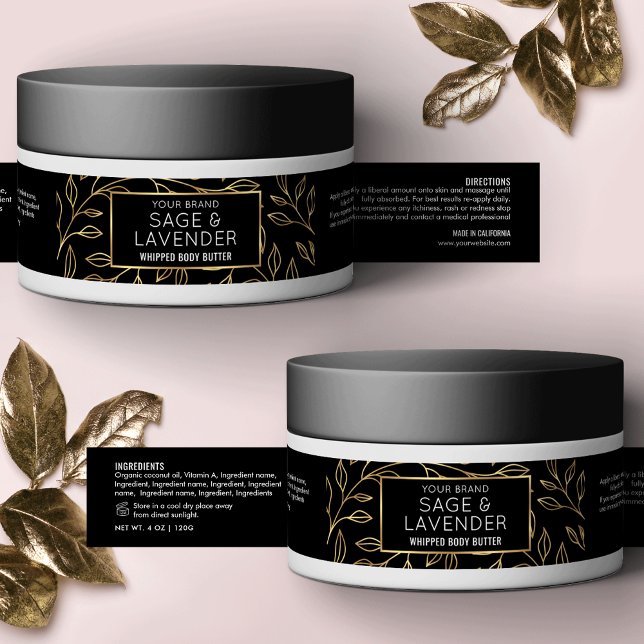 Black & Gold Floral 4 OZ Skincare Kosmetiktücher J (Modern black and gold effect cosmetic jar wraparound label template with floral background)