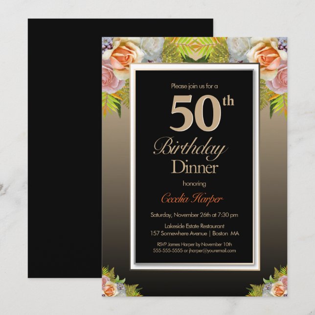 Black Gold Floral 50. Geburtstag Abendessen Einladung (Vorne/Hinten)