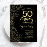 Black Gold Floral 50. Geburtstagsparty Einladung<br><div class="desc">Black Gold Floral 50. Geburtstag Party Einladung. Minimalistisch modernes Design mit botanischen Kontur Zeichnungen Akzente,  Imitate Goldfolie und Typografie Drehbuch Schriftart. Einfache,  trendige Einladungskarte für eine stilvolle Damenfeier. Kann für jedes Alter angepasst werden. Gedruckte Zazzle Einladungen oder Sofortdownload digitalen druckbaren Vorlage.</div>