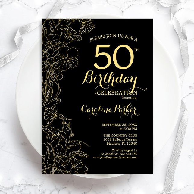 Black Gold Floral 50e Anniversaire Fête Invitation (Créateur téléchargé)