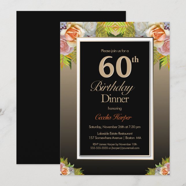 Black Gold Floral 60. Geburtstag Abendessen Einladung (Vorne/Hinten)