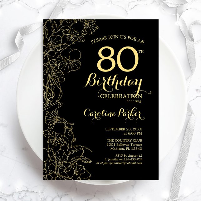 Black Gold Floral 80th Birthday Party Invitation (Créateur téléchargé)