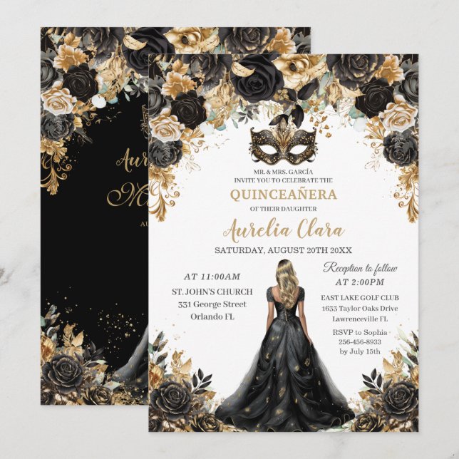 Black Gold Floral Blonde Masquerade Quinceañera Einladung (Vorne/Hinten)