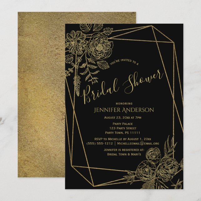 Black Gold Floral Brautparty Einladung (Vorne/Hinten)