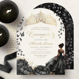 Black Gold Floral Butterfells Crown Quinceanera Einladung