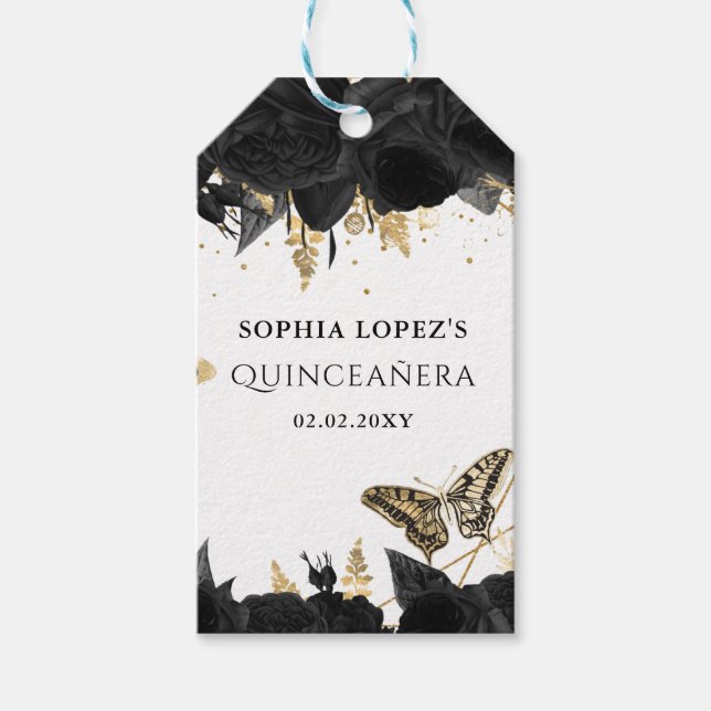 Black Gold Floral Butterfells Quinceanera Geschenkanhänger (Vorderseite)