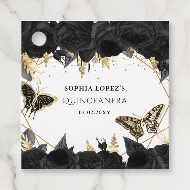 Black Gold Floral Butterfells Quinceanera Geschenkanhänger (Vorderseite)