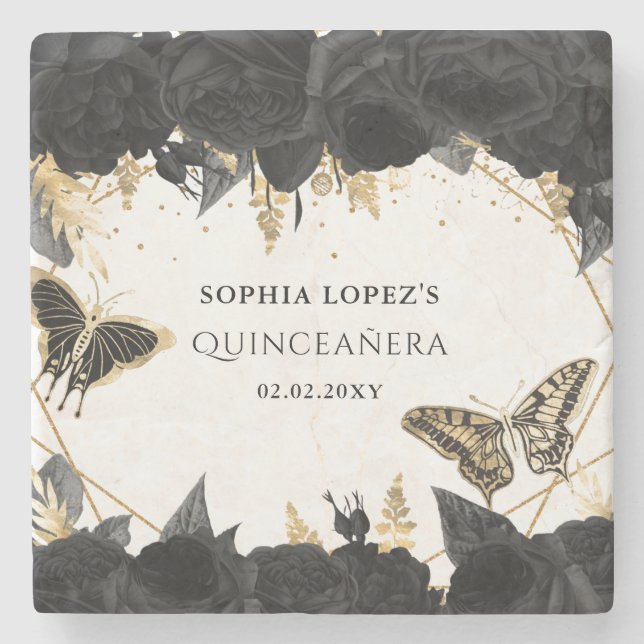 Black Gold Floral Butterfells Quinceanera Steinuntersetzer (Vorderseite)