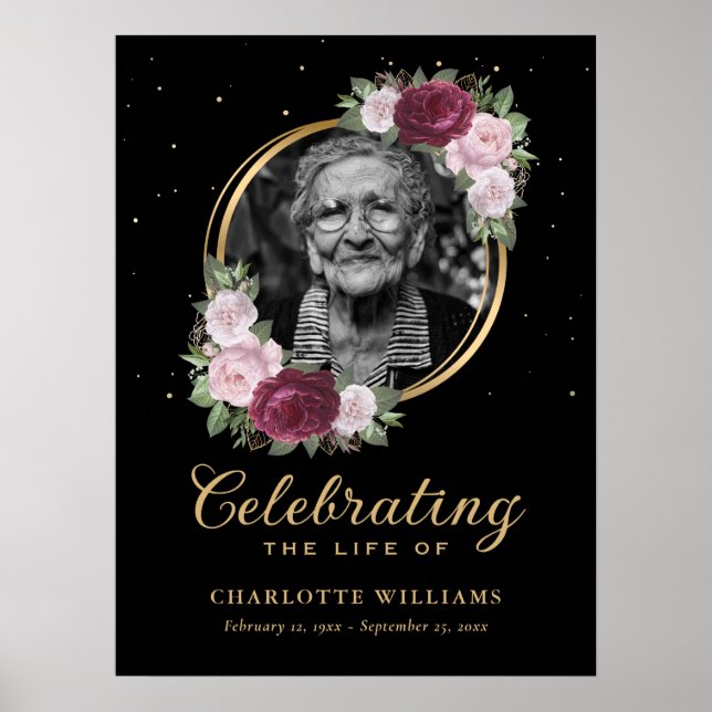 Black Gold Floral Celebration of Life Funeral Sign Poster (Vorne)