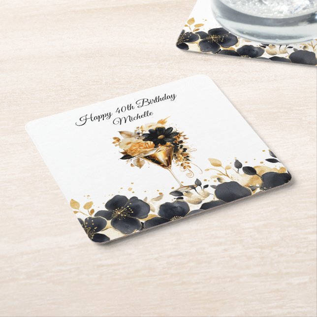 Black Gold Floral Cocktail Drinks 40th Birthday Rechteckiger Pappuntersetzer (angewinkelt)
