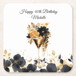 Black Gold Floral Cocktail Drinks 40th Birthday Rechteckiger Pappuntersetzer