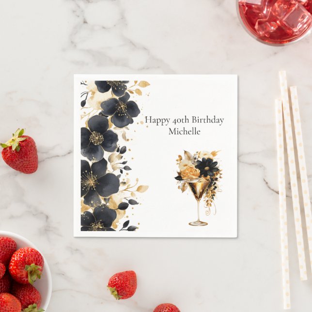 Black Gold Floral Cocktail Drinks 40th Birthday Serviette (Beispiel)