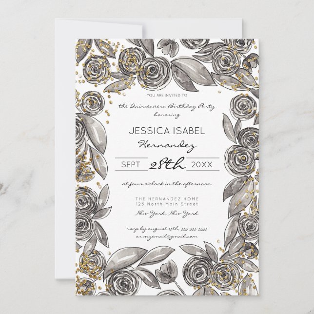 Black Gold Floral Confetti Wasserfarbe Quinceañera Einladung (Vorderseite)