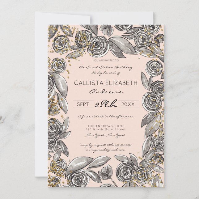Black Gold Floral Confetti Wasserfarbe Süß 16 Einladung (Vorderseite)