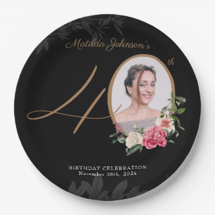 Black Gold Floral Custom Foto 40. Geburtstag Pappteller