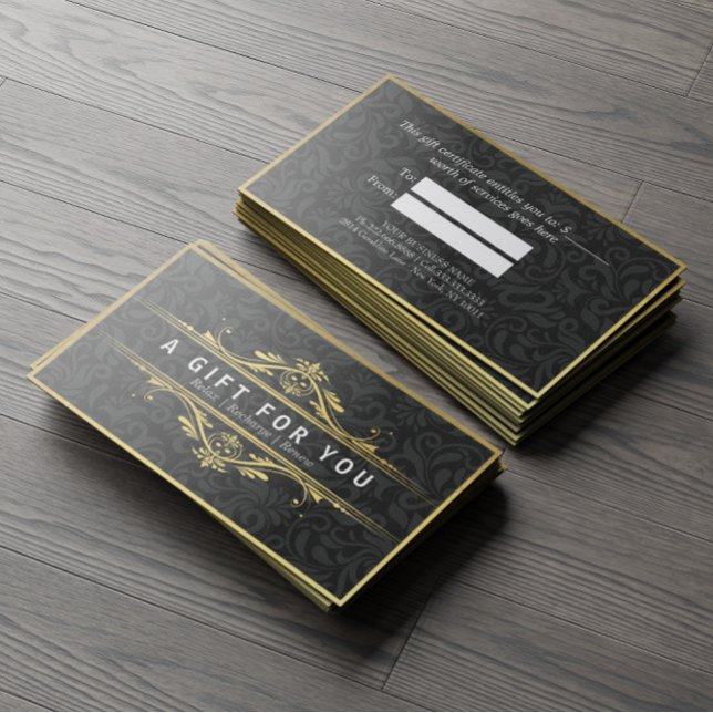 Black & Gold Floral Damask Linen Certificat cadeau (Créateur téléchargé)