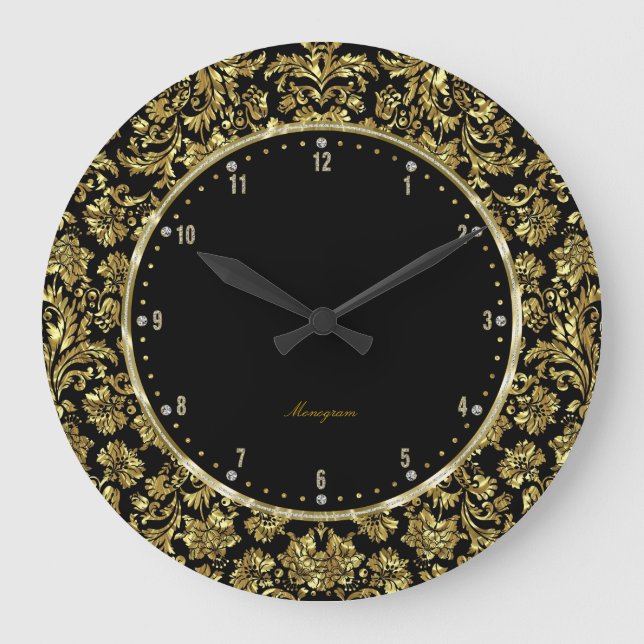 Black & Gold Floral Damasks Monogram Große Wanduhr (Vorderseite)