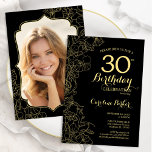 Black Gold Floral Foto 30. Geburtstag Party Einladung<br><div class="desc">Schwarz goldfarbene Party Einladung 30. Geburtstag mit Ihrem Foto auf der Kartenrückseite. Minimalistisch modernes Design mit botanischen Kontur Zeichnungen Akzente,  Imitate Goldfolie und Typografie Drehbuch Schriftart. Einfache,  trendige Einladungskarte für eine stilvolle Damenfeier. Kann für jedes Alter angepasst werden. Gedruckte Zazzle Einladungen oder Sofortdownload digitalen druckbaren Vorlage.</div>
