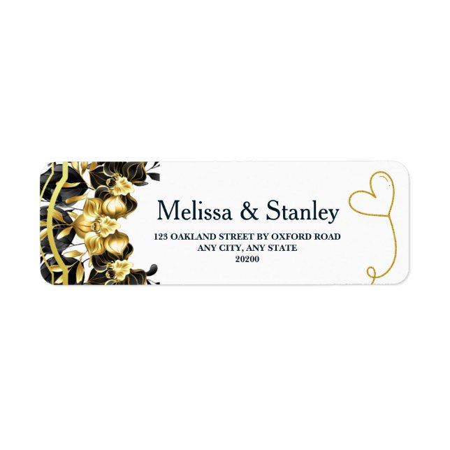 Black Gold Floral Geometric Wedding Rücksendeadres (Vorne)