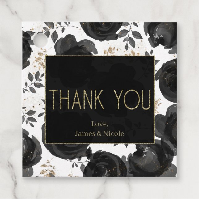 Black Gold Floral Glam Blätter Hochzeit Geschenkanhänger (Vorderseite)
