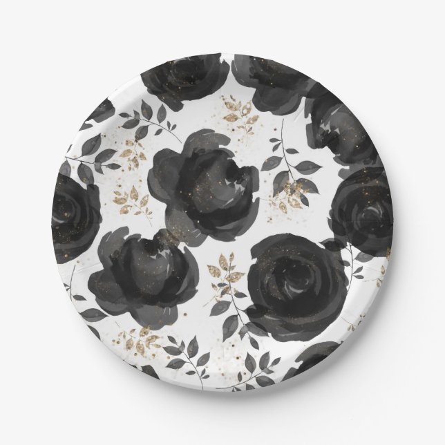 Black Gold Floral Glam Blätter Hochzeit Pappteller (Vorderseite)