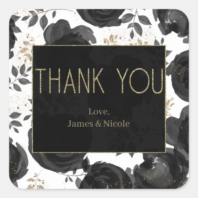 Black Gold Floral Glam Blätter Hochzeit Quadratischer Aufkleber (Vorderseite)