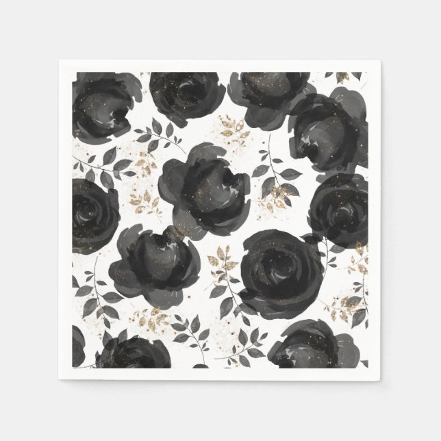 Black Gold Floral Glam Blätter Hochzeit Serviette (Vorderseite)