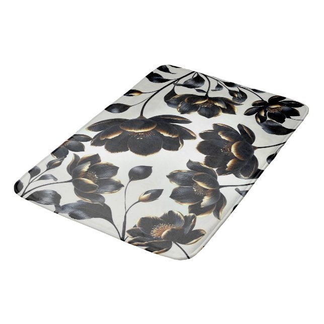 Black & Gold Floral Greige Elegant Dark Moody Badematte (Schrägansicht)