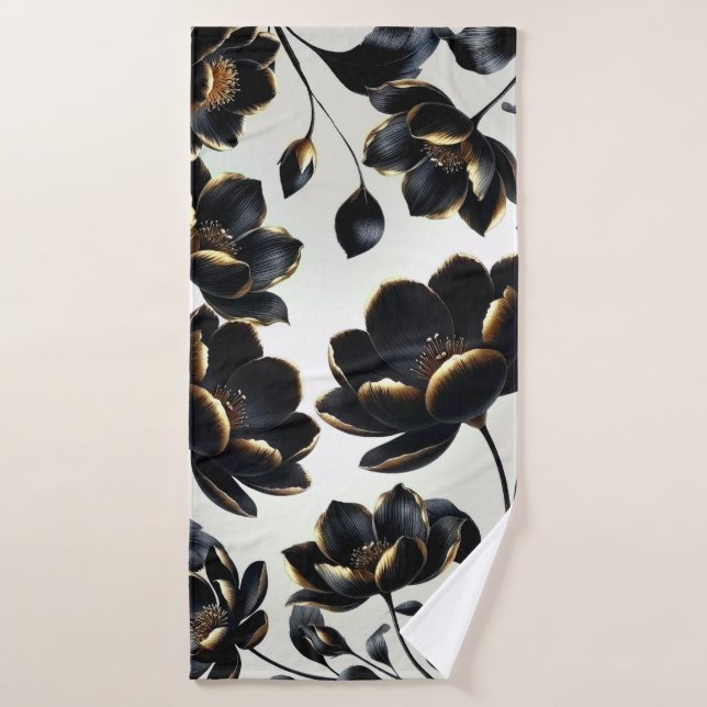 Black & Gold Floral Greige Elegant Dark Moody Badhandtuch Set (Badehandtuch)