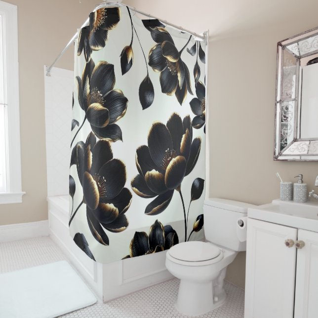 Black & Gold Floral Greige Elegant Dark Moody Duschvorhang (Beispiel)