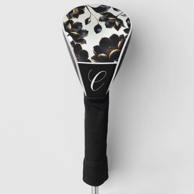 Black & Gold Floral Greige Elegant Dark Moody Golf Headcover (Vorderseite)