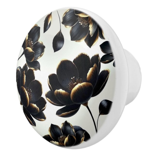 Black & Gold Floral Greige Elegant Dark Moody Keramikknauf (Rechts)