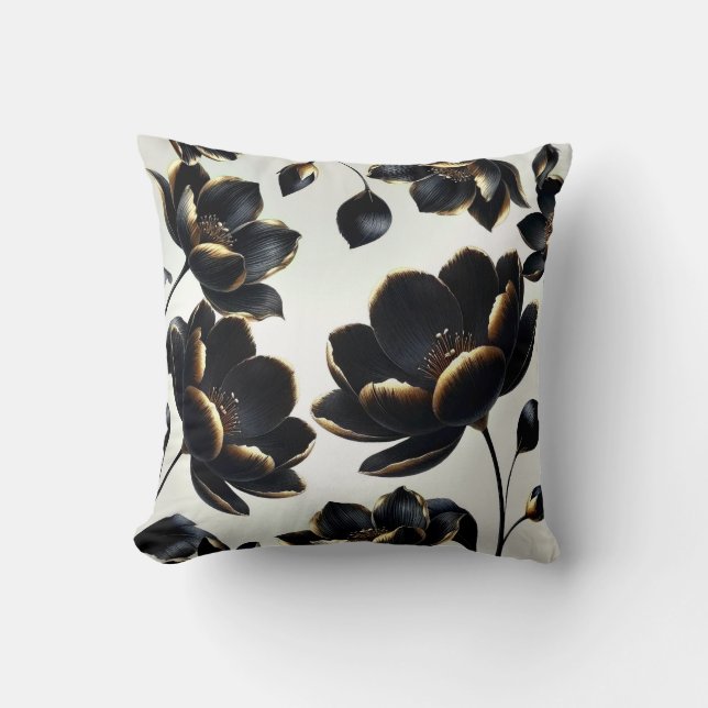 Black & Gold Floral Greige Elegant Dark Moody Kissen (Vorderseite)