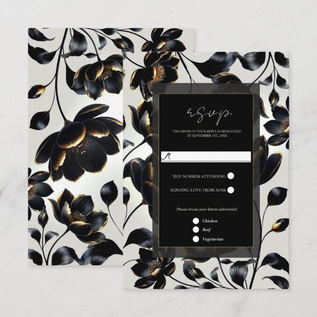 Black & Gold Floral Greige Elegante Wedding UAWG RSVP Karte (Vorne/Hinten)