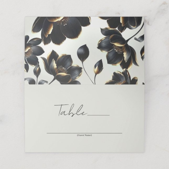 Black & Gold Floral Greige Hochzeitstisch Platzkarte (Außenseite Aufgefaltet)