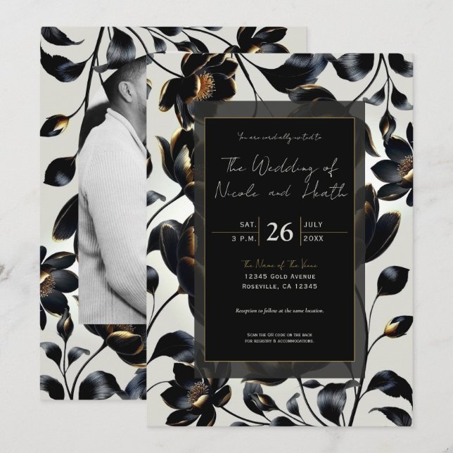 Black & Gold Floral Greige Wedding Einladung (Vorne/Hinten)