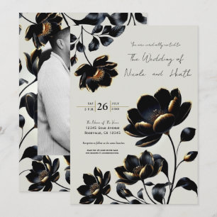 Black & Gold Floral Greige Wedding Einladung