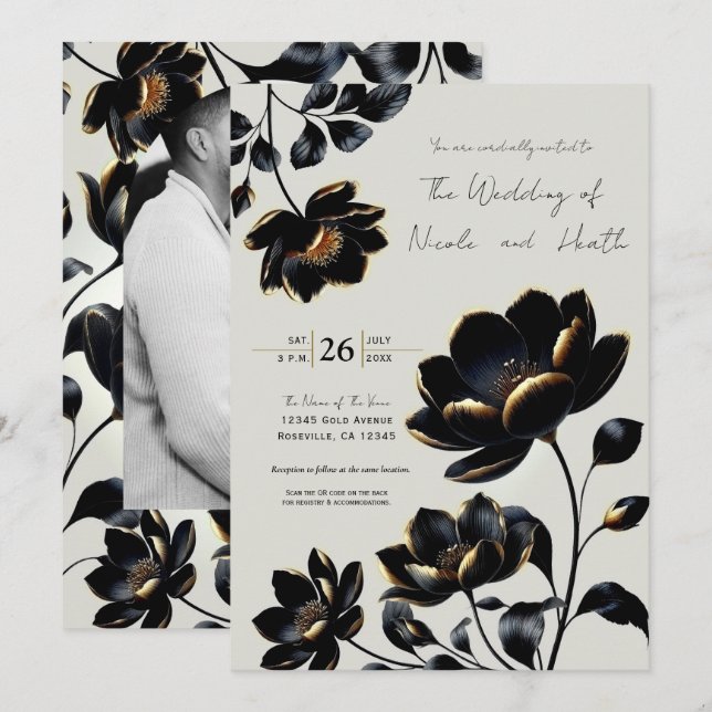 Black & Gold Floral Greige Wedding Einladung (Vorne/Hinten)