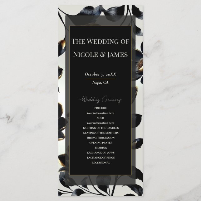Black & Gold Floral Greige Wedding Programm (Vorderseite)