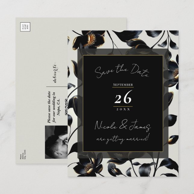 Black & Gold Floral Greige Wedding Save the Date Ankündigungspostkarte (Vorne/Hinten)